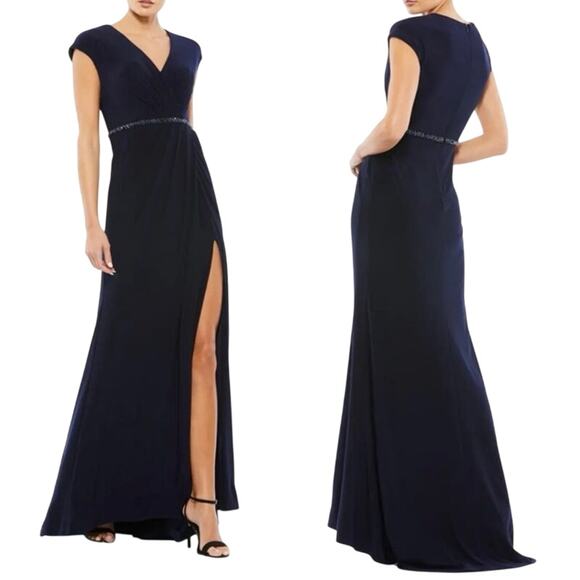 MAC DUGGAL 67850 Faux Wrap V-Neck Cap Sleeve Gown in Navy Size 4 New w/ Tag $398 - Picture 1 of 7